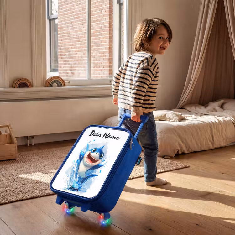 Kinderkoffer Blau mit Name - Hai - Zähne - Wasser — 2