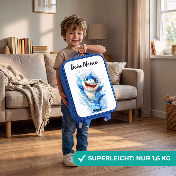 Kinderkoffer Blau mit Name - Hai - Zähne - Wasser — 3