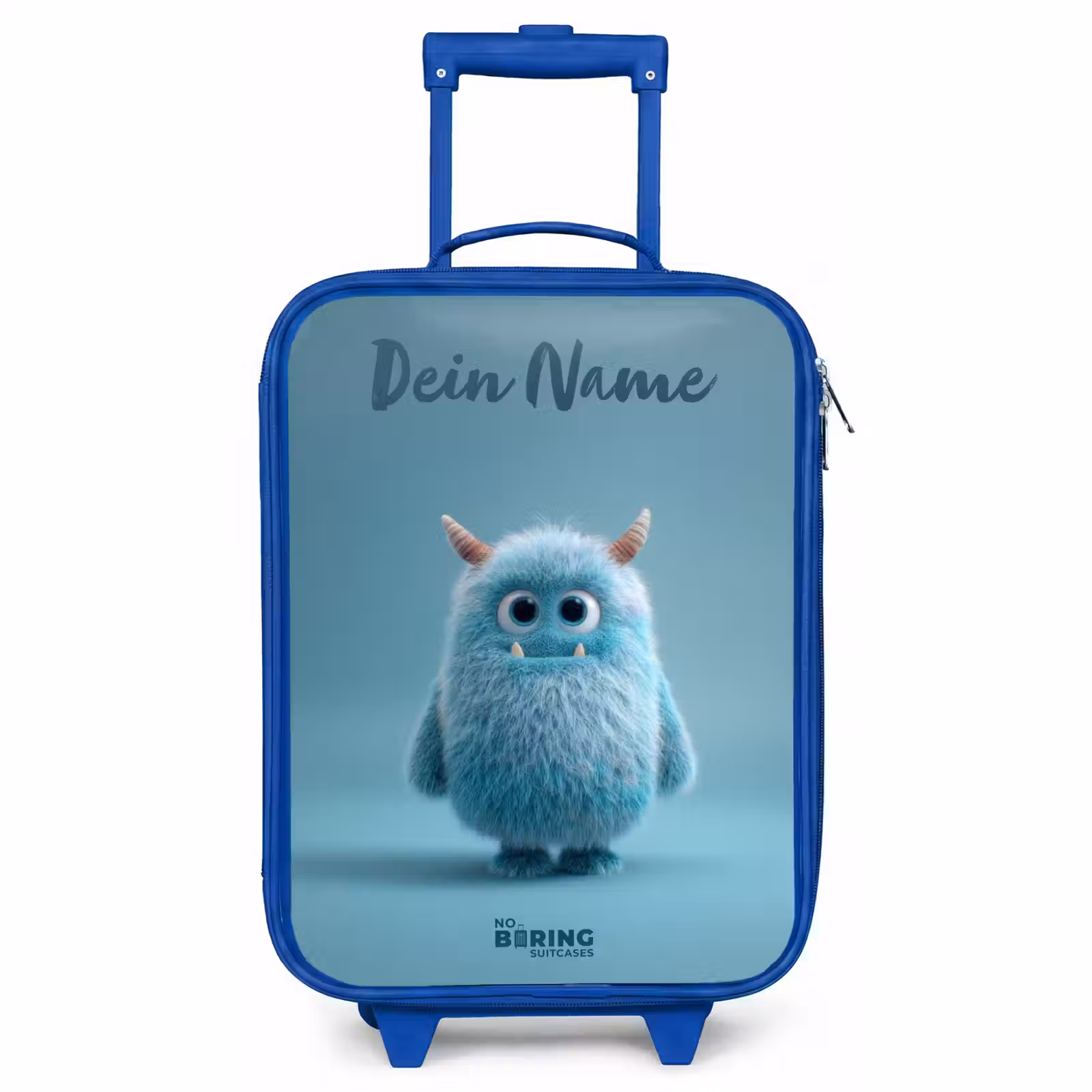Kinderkoffer Blau mit Name - Blaues Plüschmonster mit Hörnern — 1