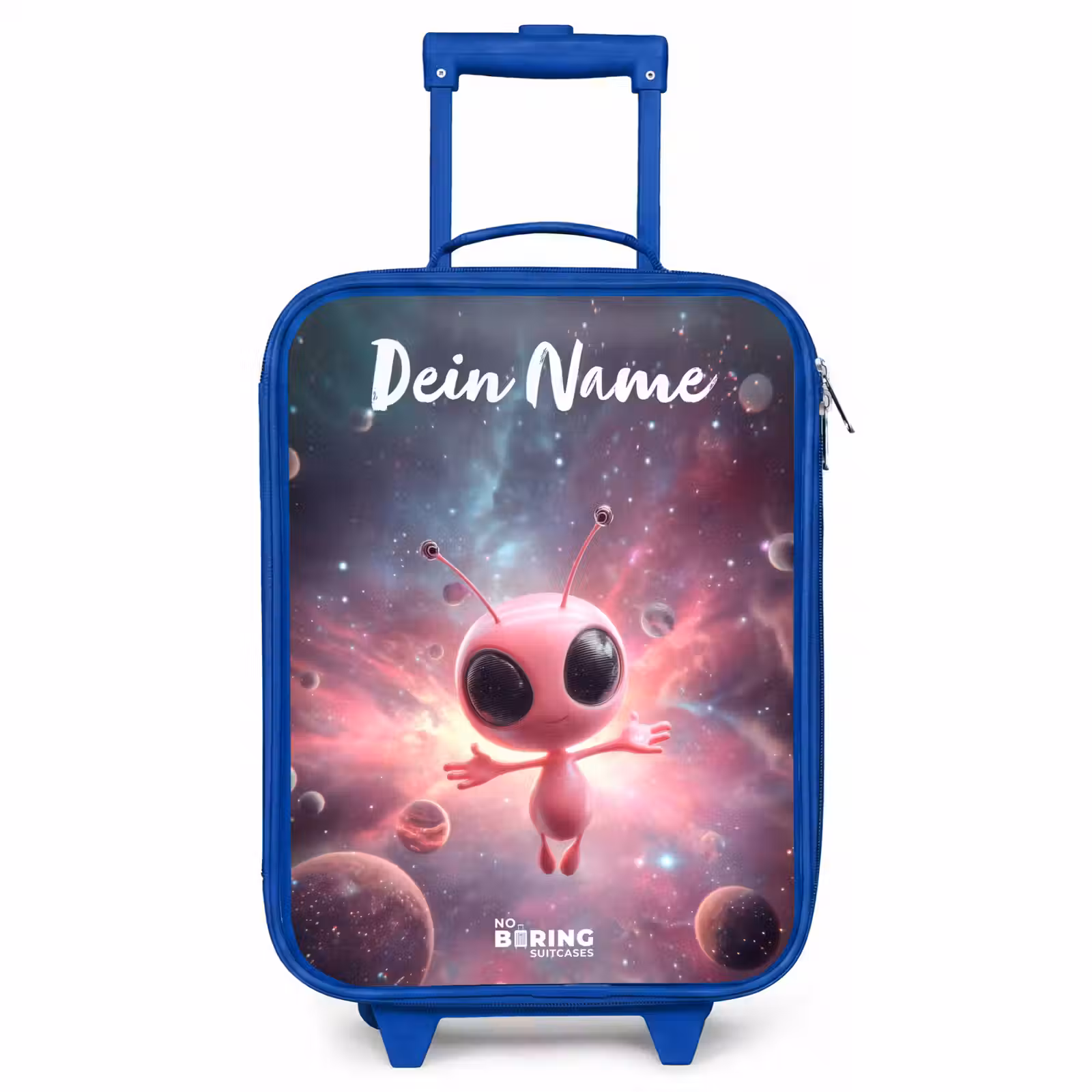 Kinderkoffer Blau mit Name - Rosa Alien im Sternennebel — 1