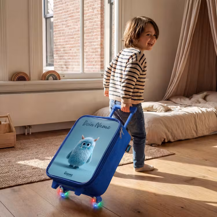 Kinderkoffer Blau mit Name - Blaues Plüschmonster mit Hörnern — 2
