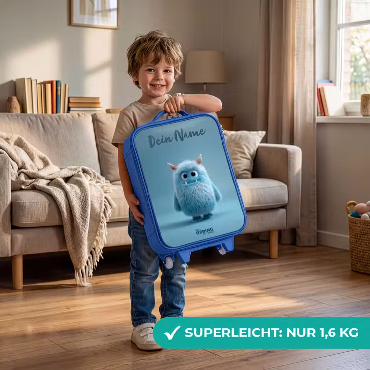 Kinderkoffer Blau mit Name - Blaues Plüschmonster mit Hörnern — 3