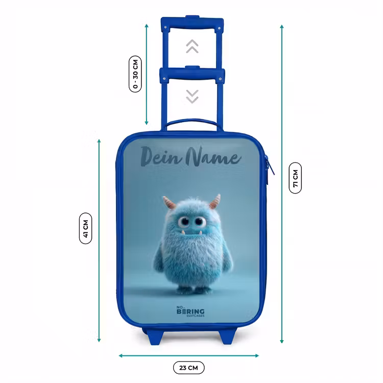 Kinderkoffer Blau mit Name - Blaues Plüschmonster mit Hörnern — 7