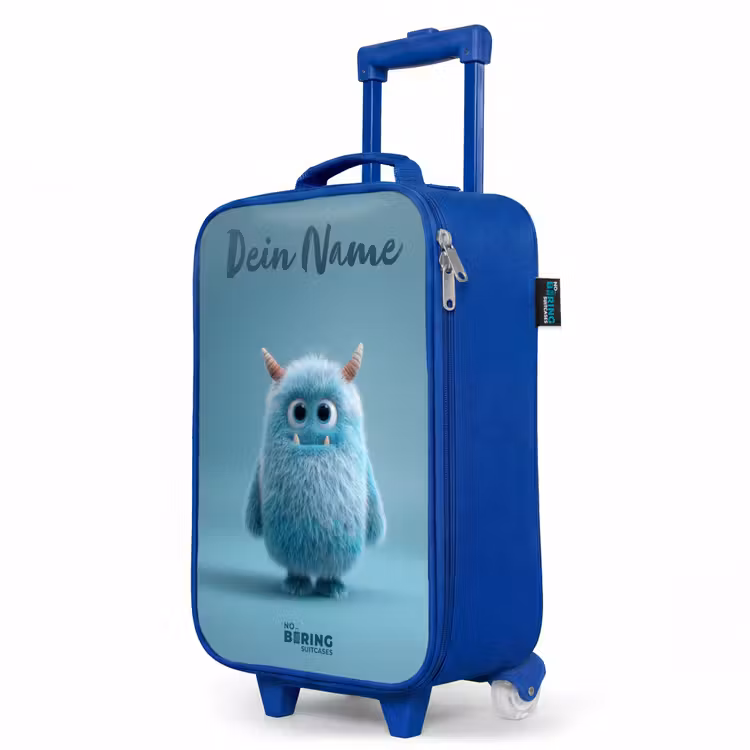 Kinderkoffer Blau mit Name - Blaues Plüschmonster mit Hörnern — 8