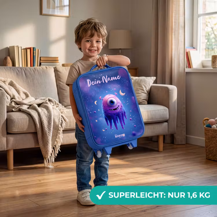 Kinderkoffer Blau mit Name - Fröhliches Augenpaar im Weltraum — 3