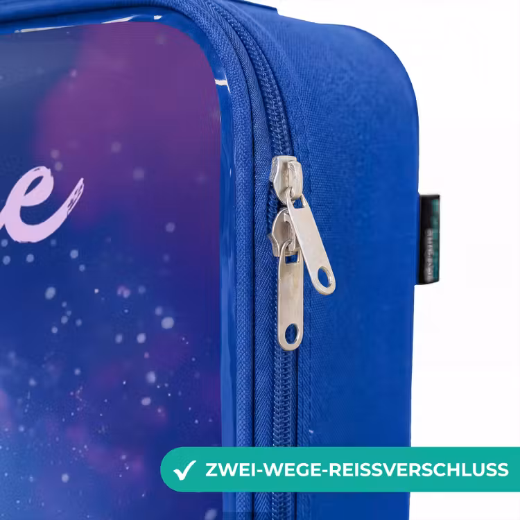 Kinderkoffer Blau mit Name - Fröhliches Augenpaar im Weltraum — 5