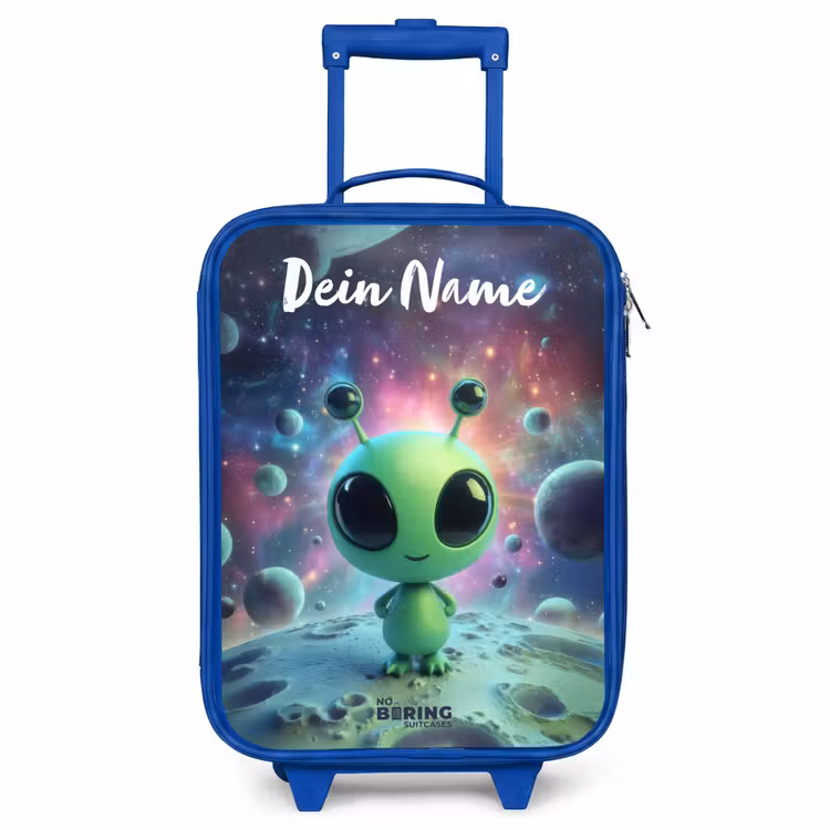 Kinderkoffer Blau mit Name - Grünes außerirdisches Wesen auf Mondlandschaft — 1