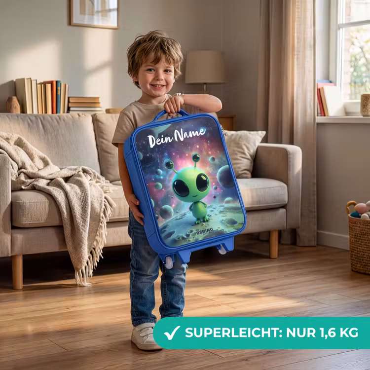 Kinderkoffer Blau mit Name - Grünes außerirdisches Wesen auf Mondlandschaft — 3