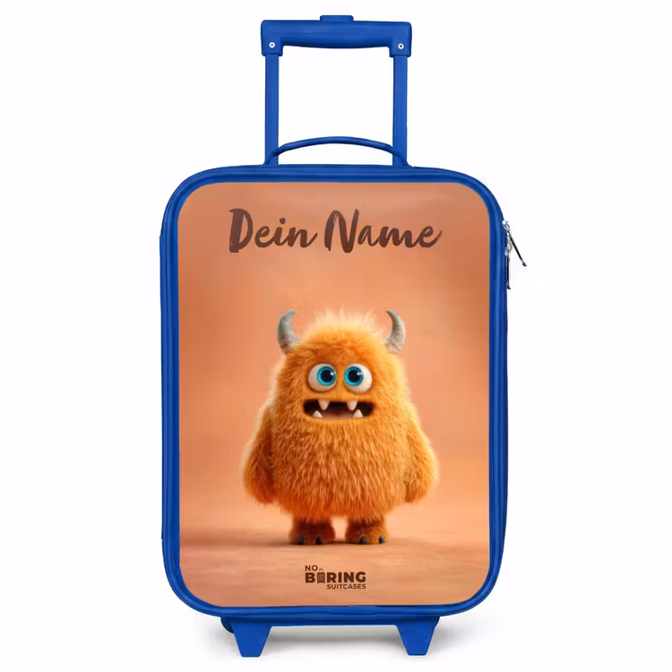 Kinderkoffer Blau mit Name - Orangefarbenes flauschiges Monster mit Hörnern — 1