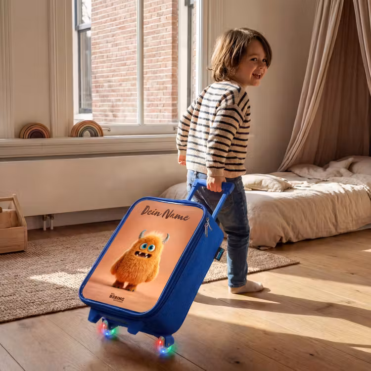 Kinderkoffer Blau mit Name - Orangefarbenes flauschiges Monster mit Hörnern — 2