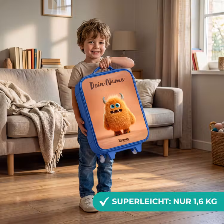 Kinderkoffer Blau mit Name - Orangefarbenes flauschiges Monster mit Hörnern — 3