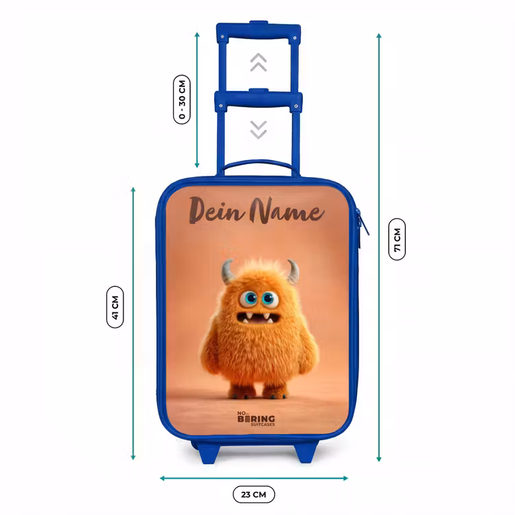 Kinderkoffer Blau mit Name - Orangefarbenes flauschiges Monster mit Hörnern — 7