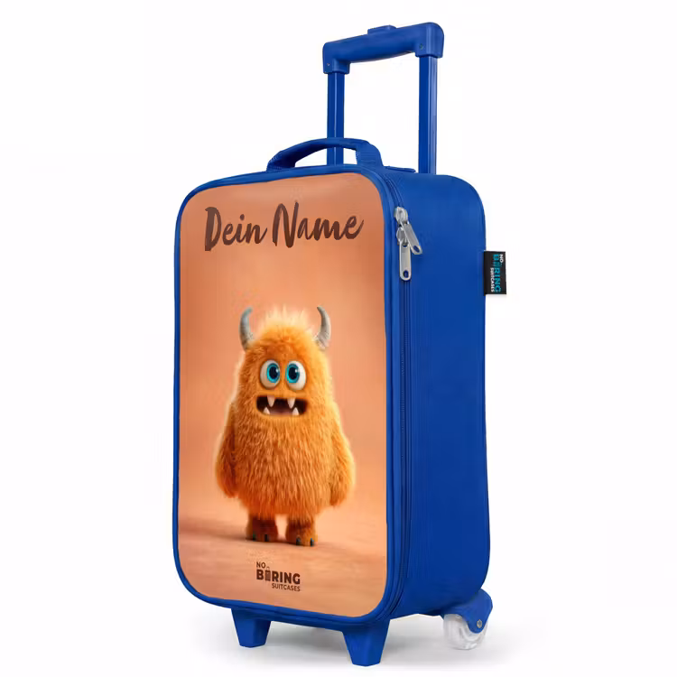 Kinderkoffer Blau mit Name - Orangefarbenes flauschiges Monster mit Hörnern — 8