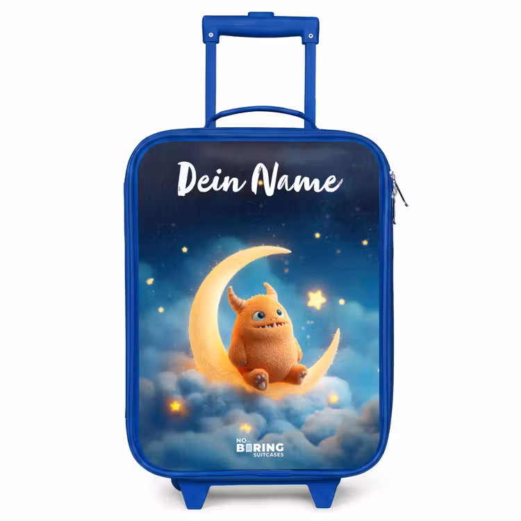 Kinderkoffer Blau mit Name - Orangefarbenes Ungeheuer auf Mondsichel — 1
