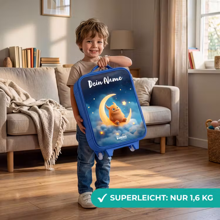Kinderkoffer Blau mit Name - Orangefarbenes Ungeheuer auf Mondsichel — 3