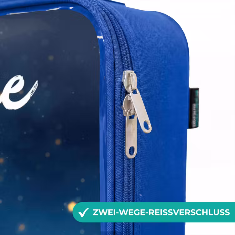 Kinderkoffer Blau mit Name - Orangefarbenes Ungeheuer auf Mondsichel — 5