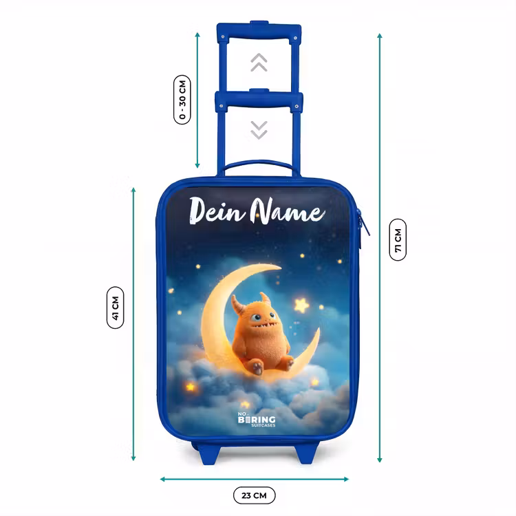 Kinderkoffer Blau mit Name - Orangefarbenes Ungeheuer auf Mondsichel — 7