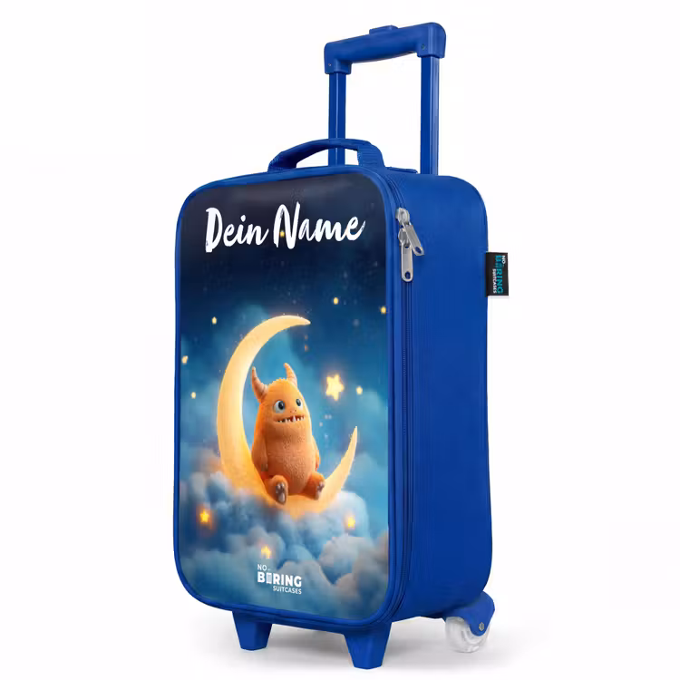 Kinderkoffer Blau mit Name - Orangefarbenes Ungeheuer auf Mondsichel — 8