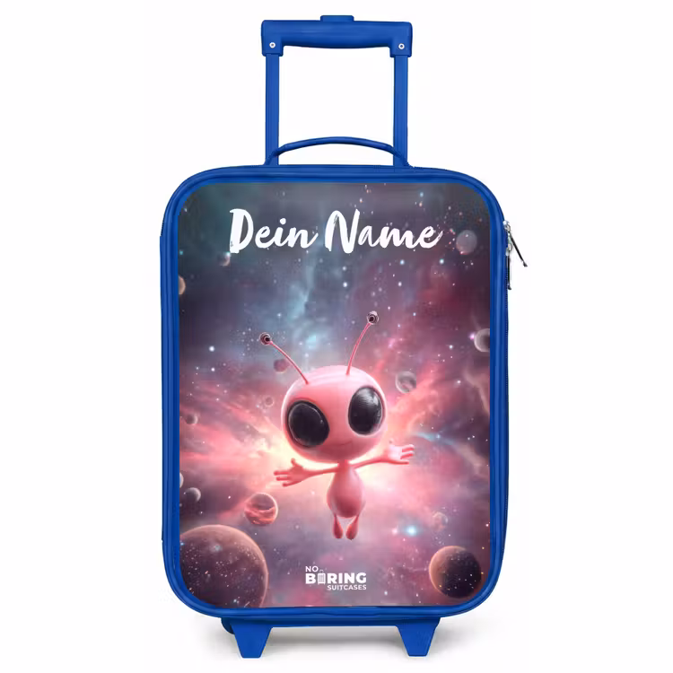 Kinderkoffer Blau mit Name - Rosa Alien im Sternennebel — 1