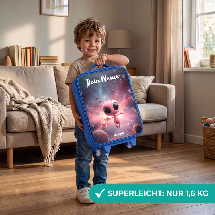 Kinderkoffer Blau mit Name - Rosa Alien im Sternennebel — 3
