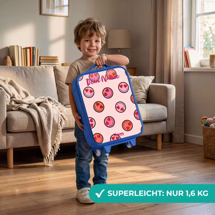 Kinderkoffer Blau mit Name - Herz - Smiley - Muster — 3