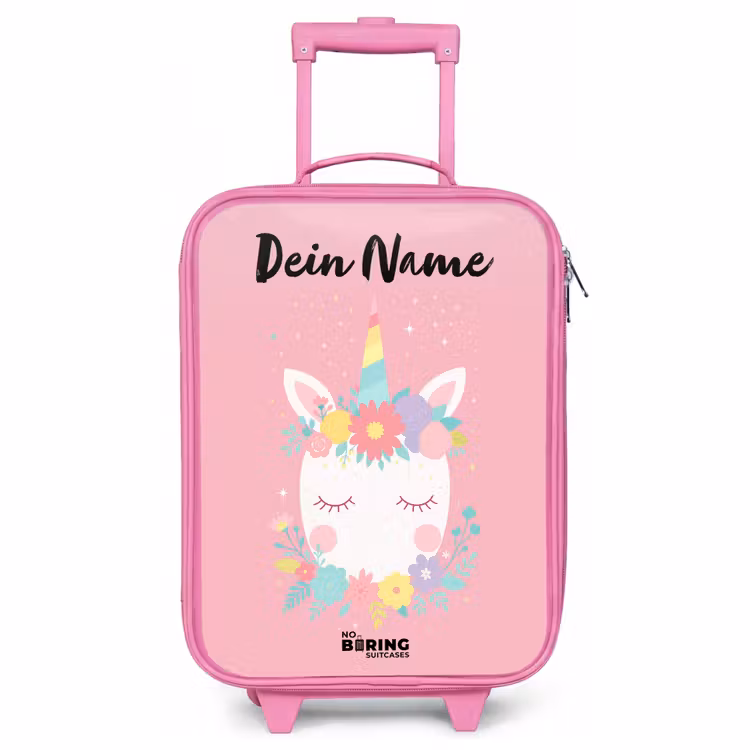 Kinderkoffer Rosa mit Name - Einhorn - Blumen - Rosa — 1