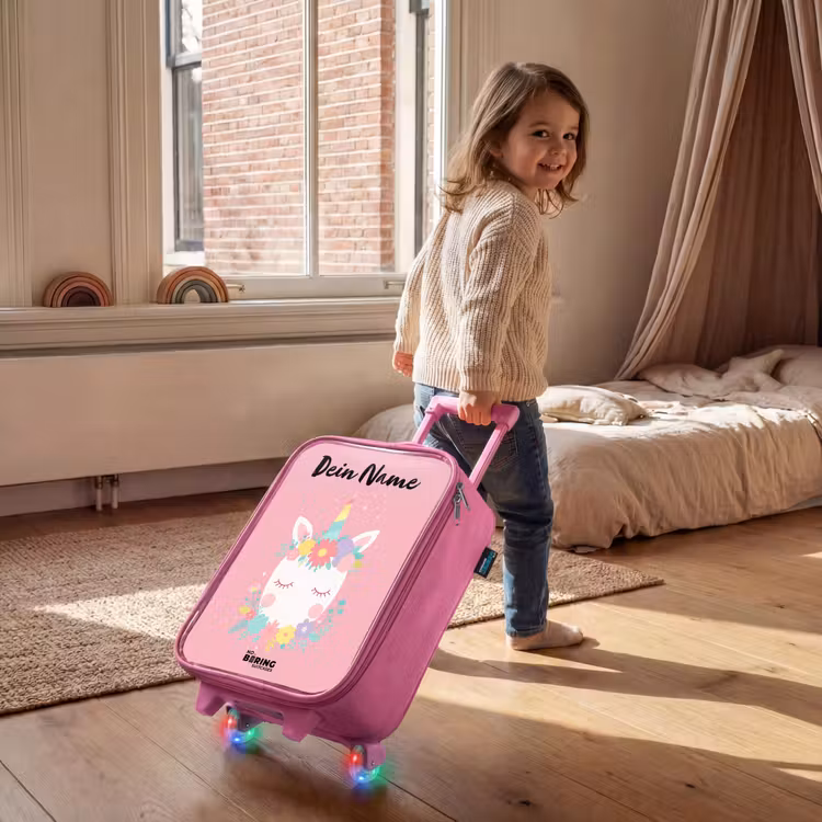 Kinderkoffer Rosa mit Name - Einhorn - Blumen - Rosa — 2