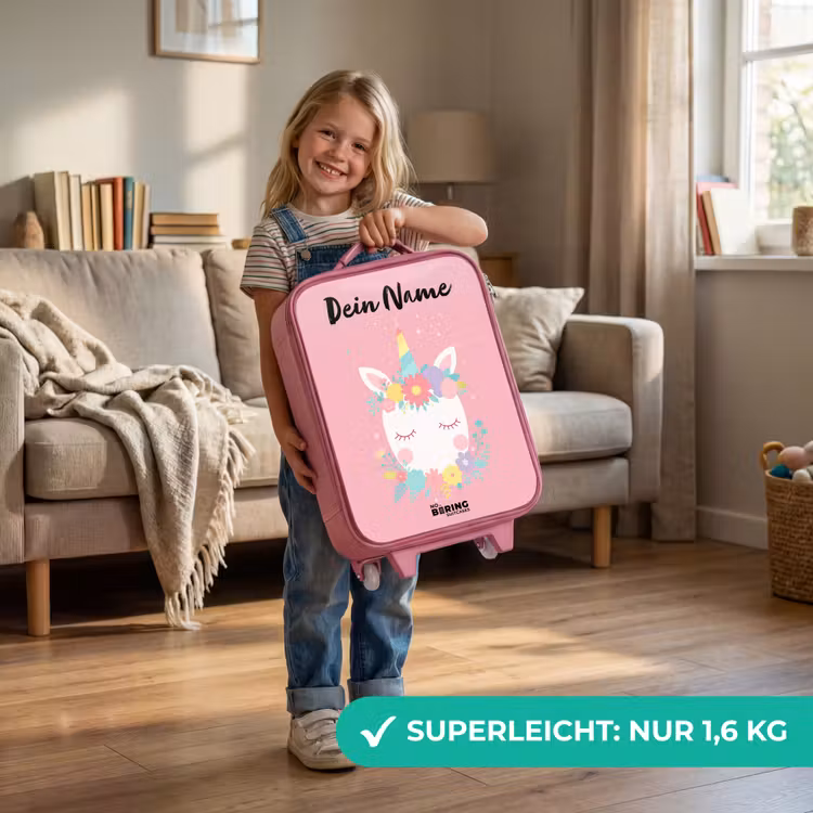Kinderkoffer Rosa mit Name - Einhorn - Blumen - Rosa — 3