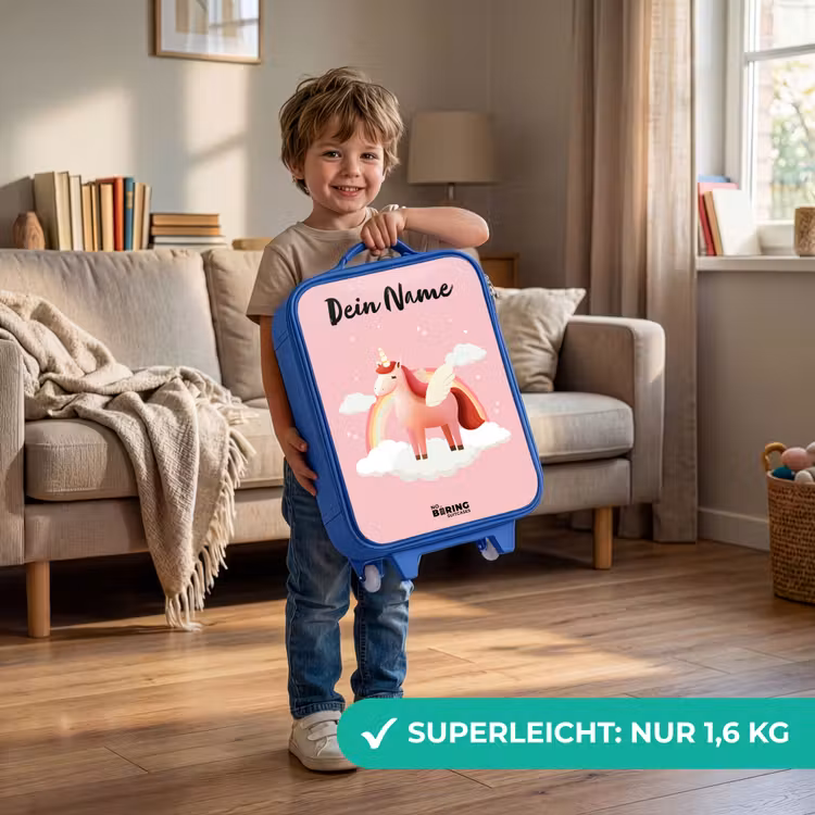 Kinderkoffer Blau mit Name - Einhorn - Flügel - Rosa - Regenbogen — 3