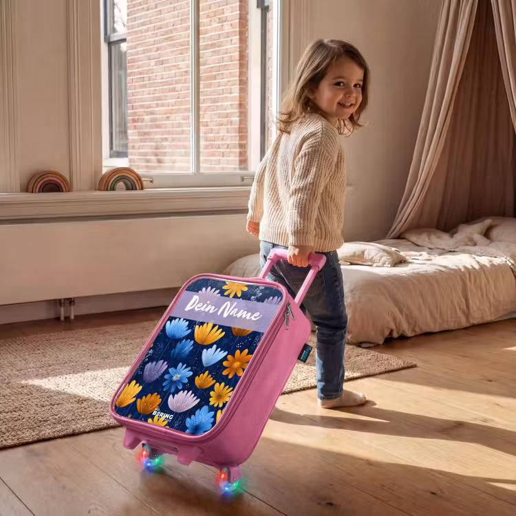 Kinderkoffer Rosa mit Name - Blumen - Muster - Blau — 2