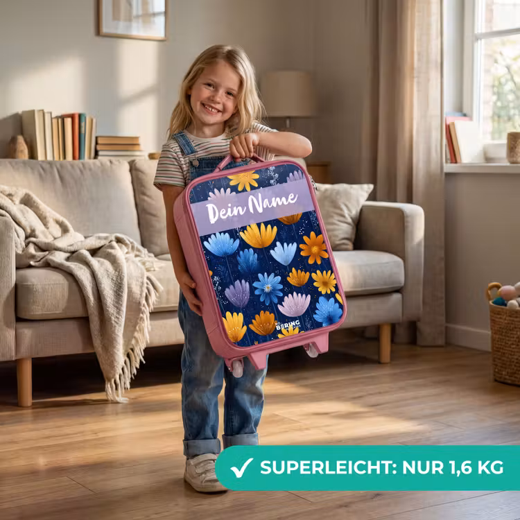 Kinderkoffer Rosa mit Name - Blumen - Muster - Blau — 3