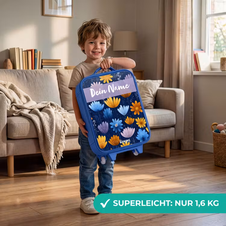 Kinderkoffer Blau mit Name - Blumen - Muster - Blau — 3