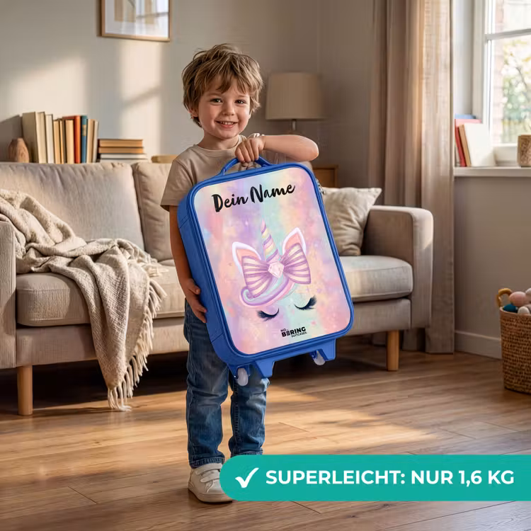 Kinderkoffer Blau mit Name - Einhorn - Glitzer - Regenbogen - Pastell — 3