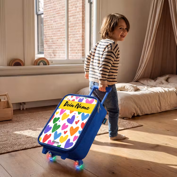 Kinderkoffer Blau mit Name - Herzen - Muster - Farbenfroh — 2