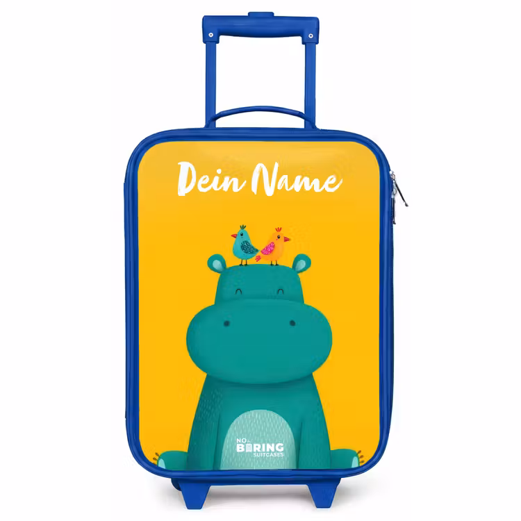 Kinderkoffer Blau mit Name - Nilpferd - Vögel - Gelb — 1