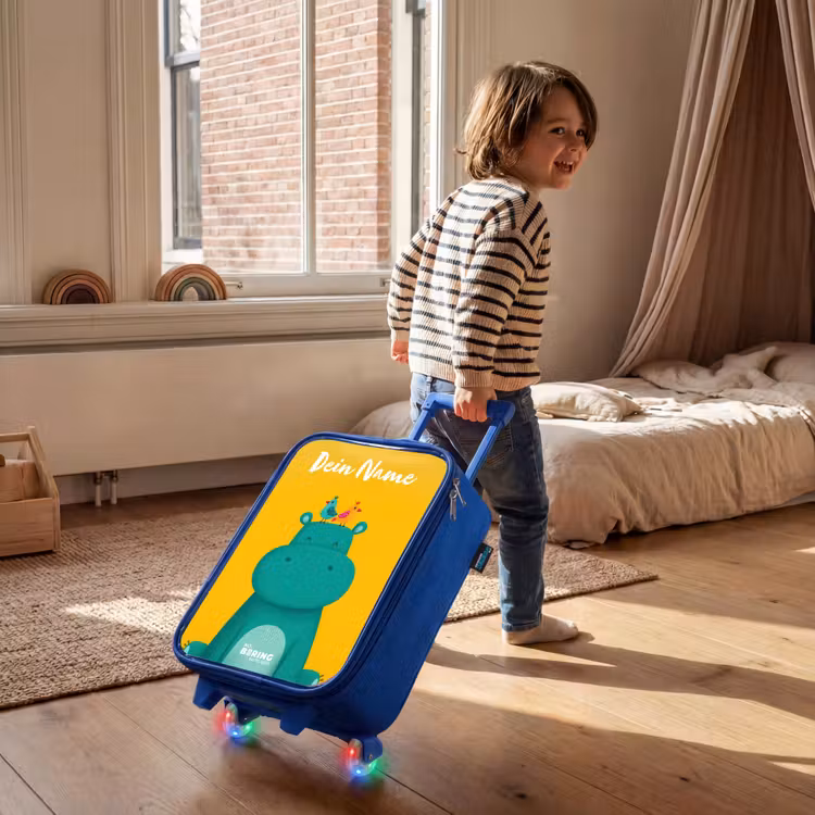 Kinderkoffer Blau mit Name - Nilpferd - Vögel - Gelb — 2