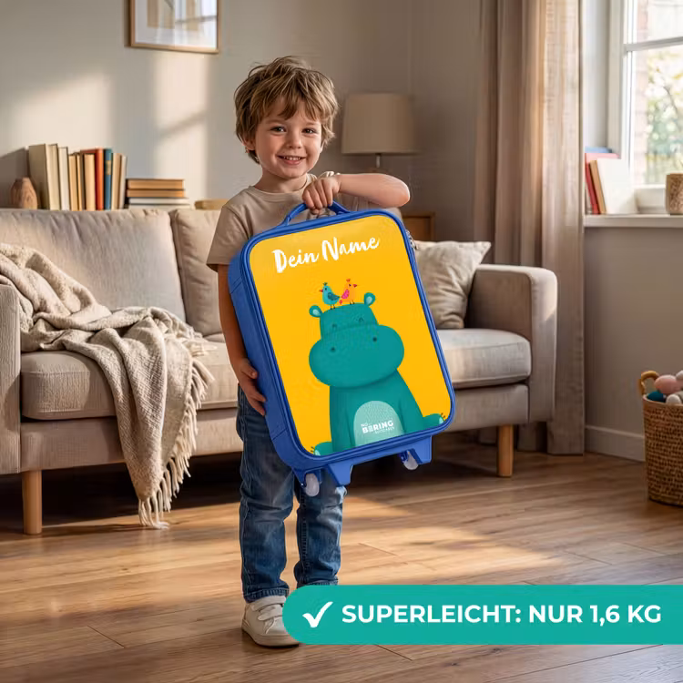 Kinderkoffer Blau mit Name - Nilpferd - Vögel - Gelb — 3