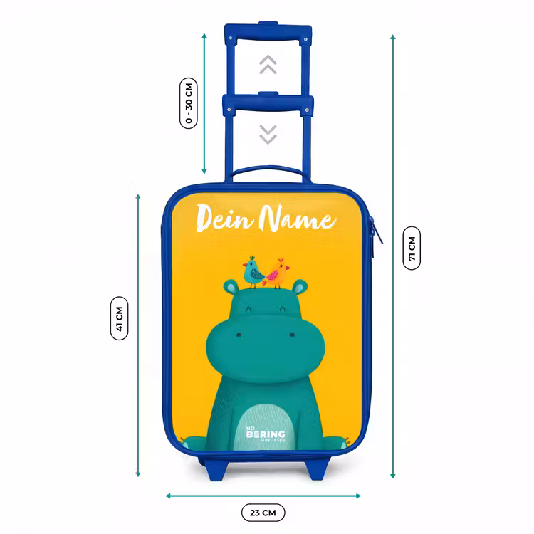 Kinderkoffer Blau mit Name - Nilpferd - Vögel - Gelb — 7