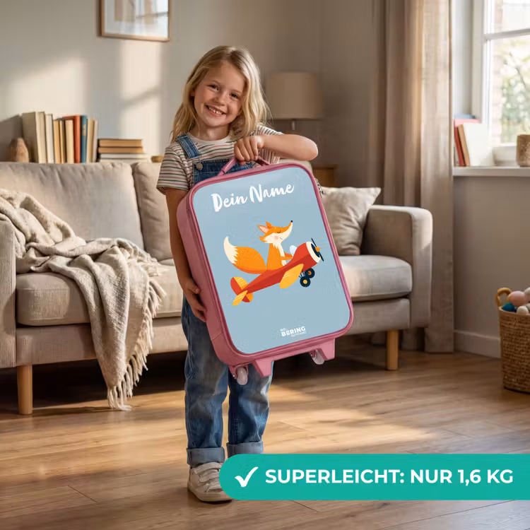 Kinderkoffer Rosa mit Name - Fuchs - Flugzeug - Fliegen — 3
