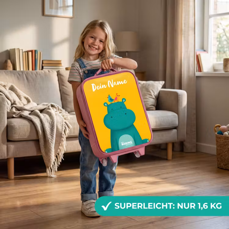 Kinderkoffer Rosa mit Name - Nilpferd - Vögel - Gelb — 3
