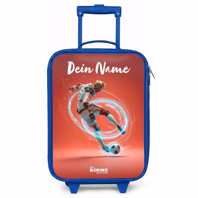 Kinderkoffer Blau mit Name - Fußballer - Ball - Lichtkreis - Rot — 1