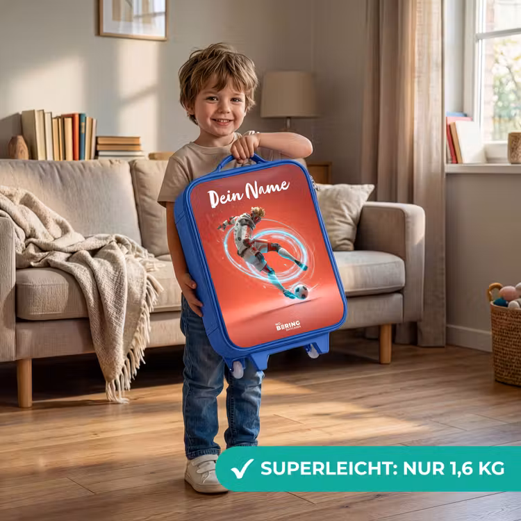 Kinderkoffer Blau mit Name - Fußballer - Ball - Lichtkreis - Rot — 3