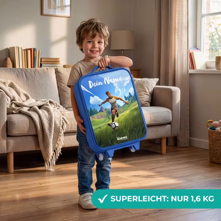 Kinderkoffer Blau mit Name - Fußballer - Gras - Tor - Farbenfroh — 3