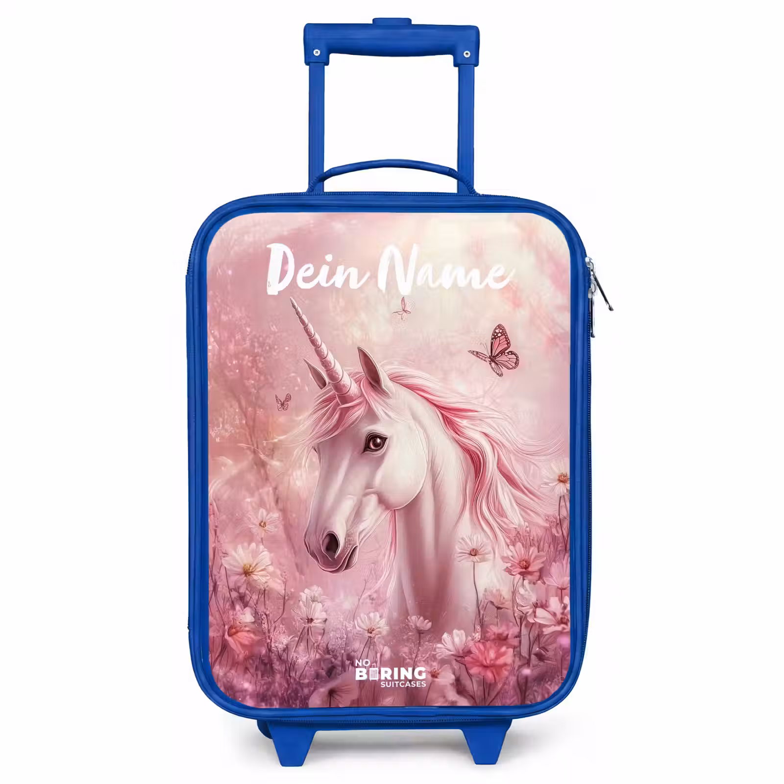 Kinderkoffer Blau mit Name - Einhorn - Rosa - Schmetterling - Blumen — 1
