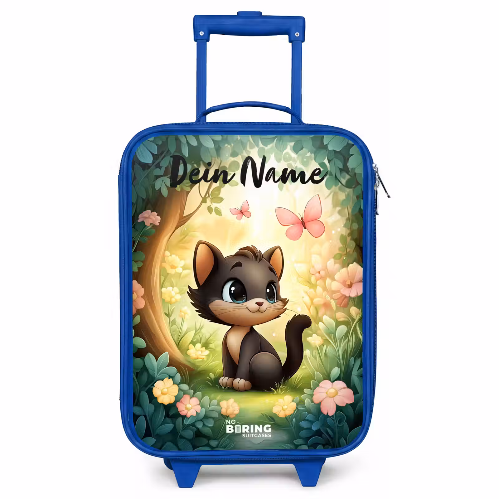 Kinderkoffer Blau mit Name - Katze - Schmetterling - Blumen — 1