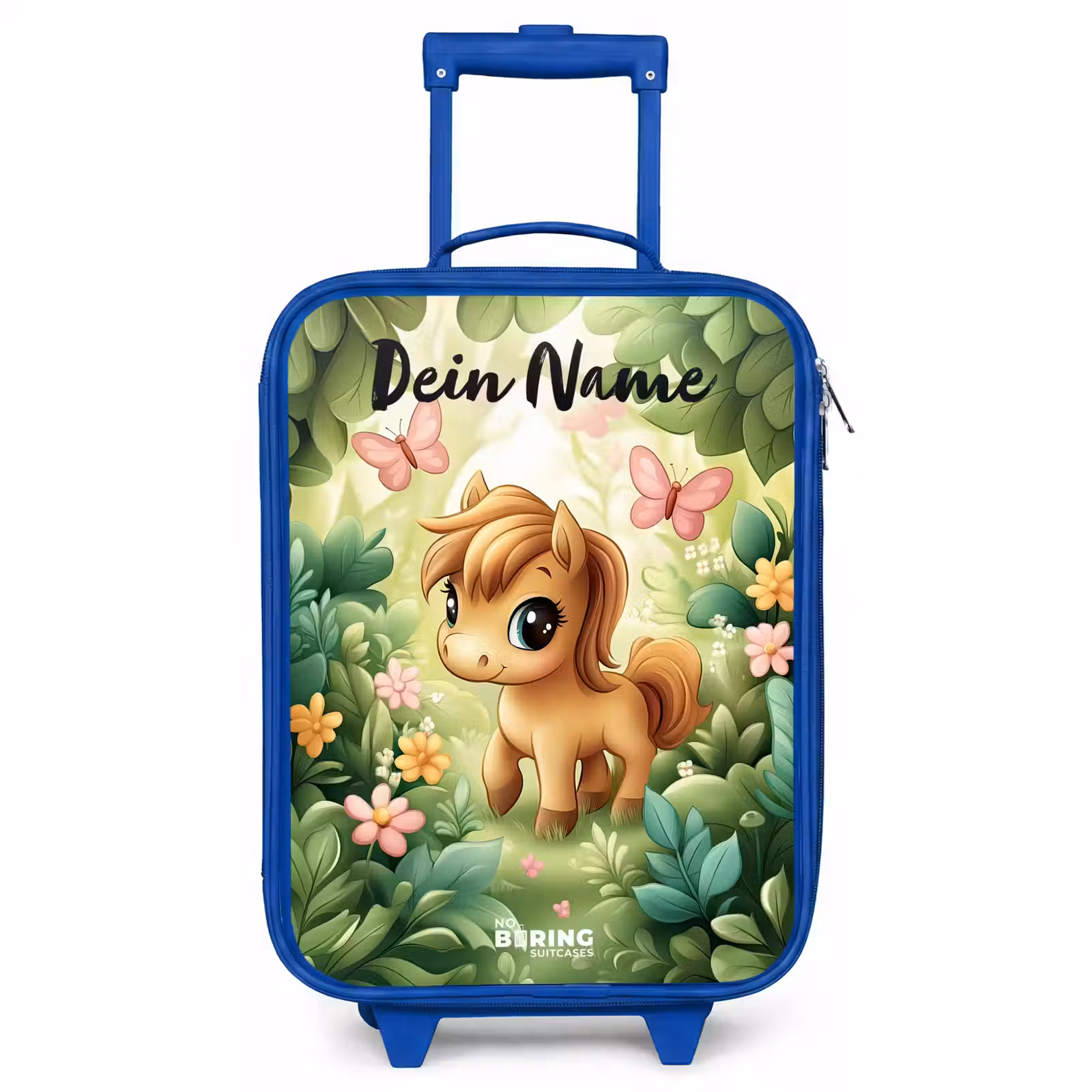 Kinderkoffer Blau mit Name - Pferd - Blumen - Schmetterlinge — 1