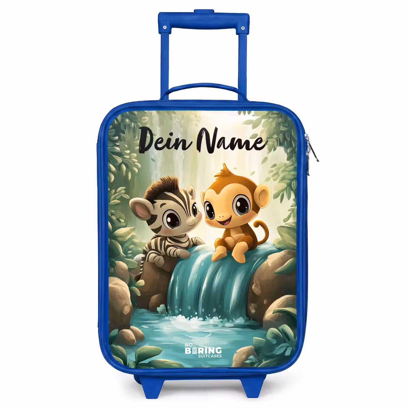 Kinderkoffer Blau mit Name - Zebra - Affe - Wasserfall - Felsen — 1