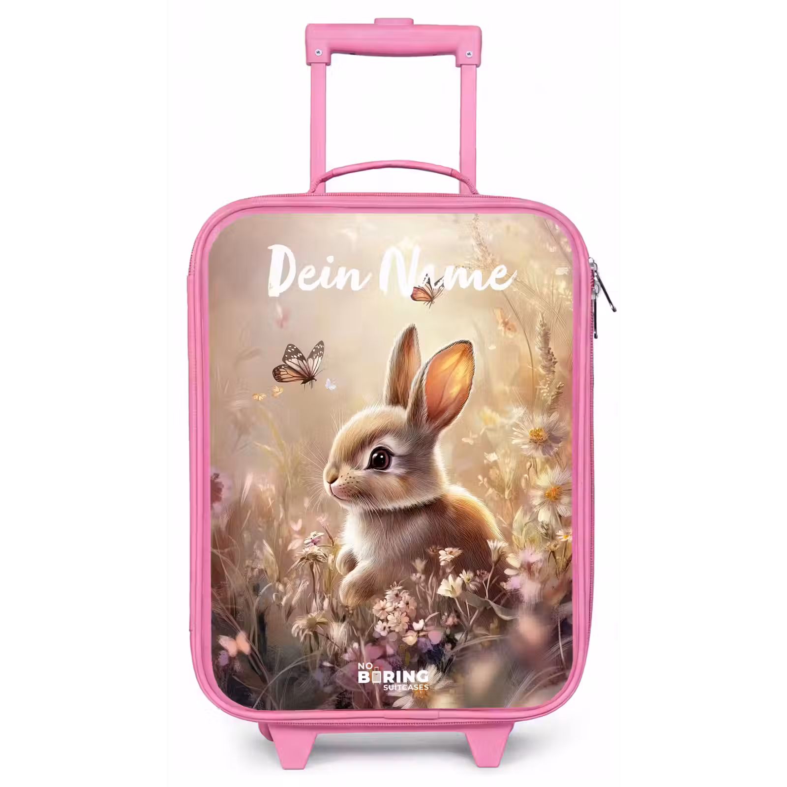 Kinderkoffer Rosa mit Name - Hase - Braun - Blumen - Schmetterlinge — 1