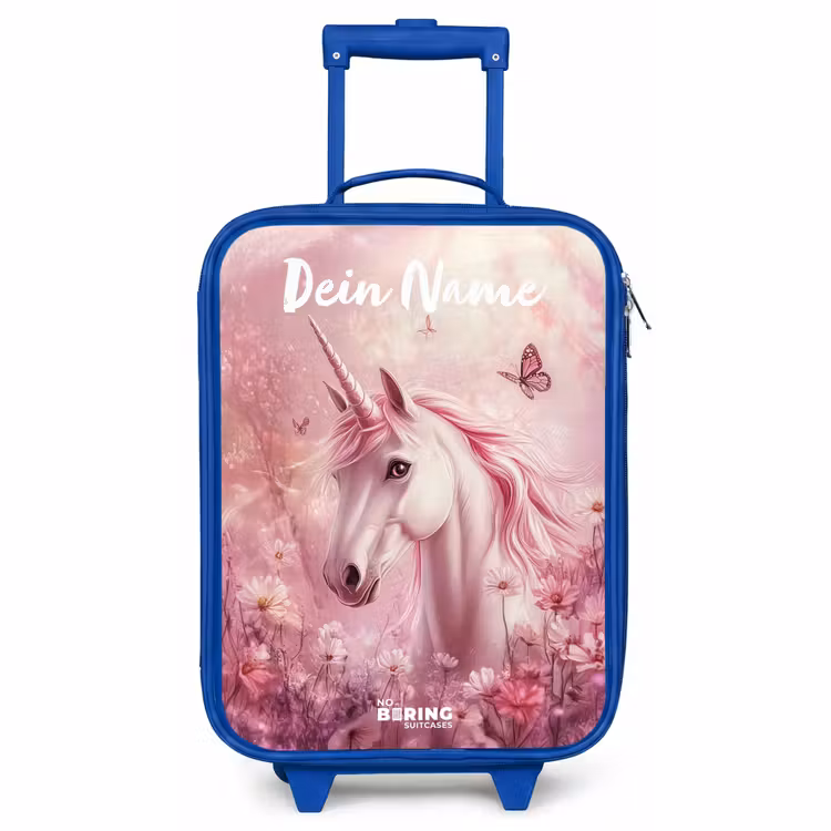 Kinderkoffer Blau mit Name - Einhorn - Rosa - Schmetterling - Blumen — 1