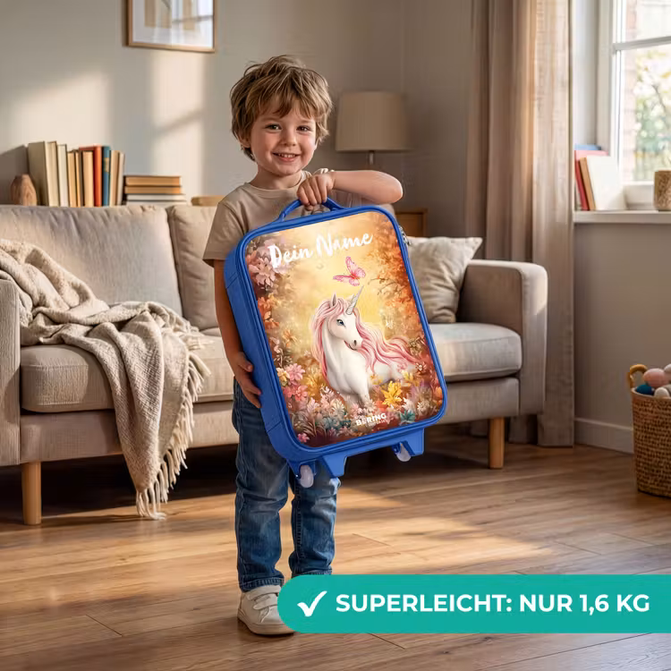 Kinderkoffer Blau mit Name - Einhorn - Schmetterling - Rosa - Mähne — 3